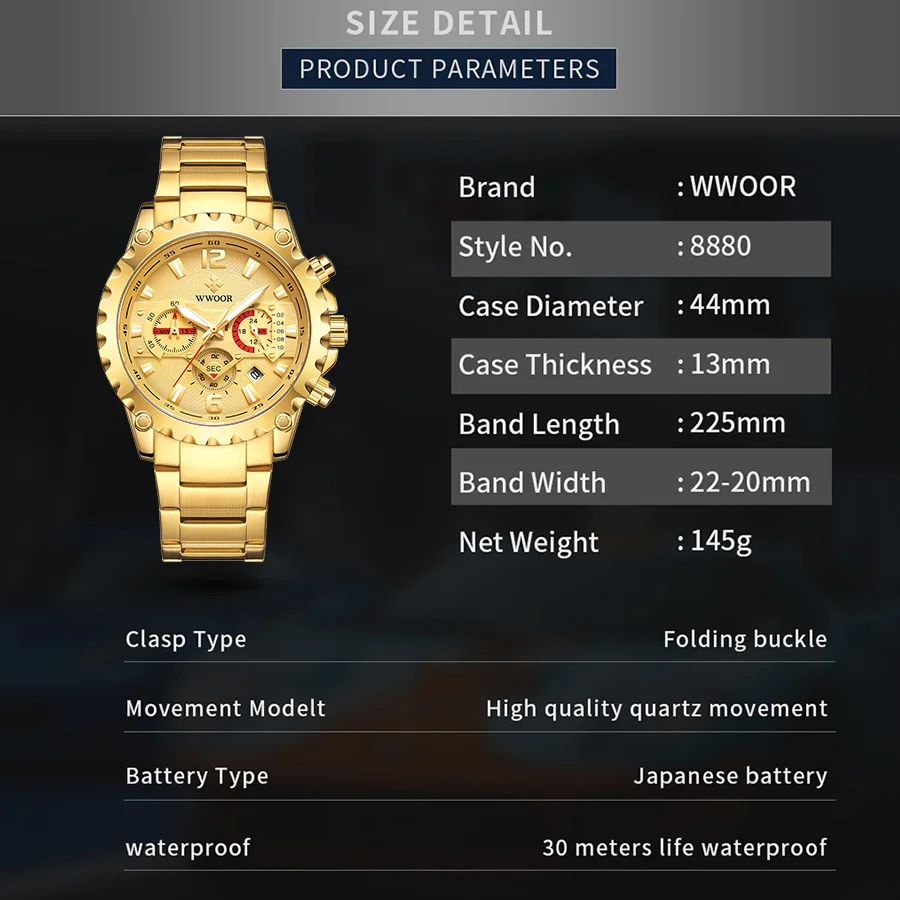 WWOOR Luxury Gold Full Steel Watch Men 2024 Sport Chronograph Quartz Wrist Watches For Men Military Waterproof Relogio Masculino