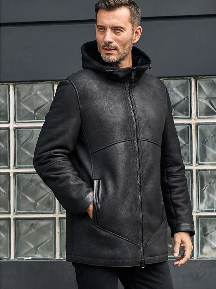 New Mens Sheepskin Shearling Jacket Long Fur Coat Black Leather Overcoat Casual Warm Winter Outwear