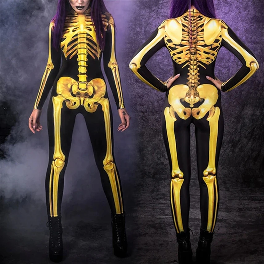 Nuevos disfraces de Halloween para mujeres adultas, Cosplay de terror aterrador, mono de esqueleto con estampado 3D, ropa de actuación para fiesta de Carnaval