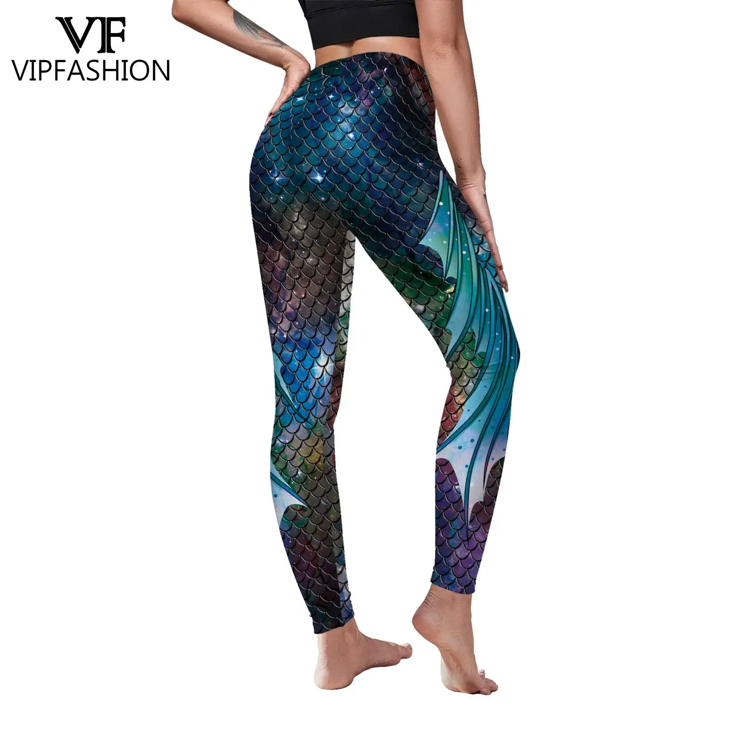 VIP FASHION Leggings for Women Fitness Sport Mermaid with Printed Fish Scales Shiny Leggings Workout Elasticity Lggins