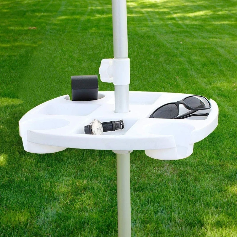 Plastic Beach Umbrella Table Tray with Hanging Hook, White Cup Holder, Compartments, Beach Patio Garden