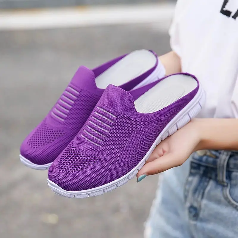 Women lightweight Round Toe Mules Flats Soft House Slippers Female Slides Black Summer Shoes Casual Breathable Mesh Lazy Shoes