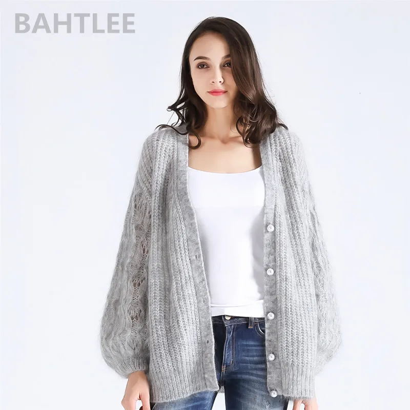 BAHTLEE-Women's Mohair Knitting Cardigan, Wool Sweater, Long Lantern Sleeves, Pearl Button, V-Neck, Autumn, Winter