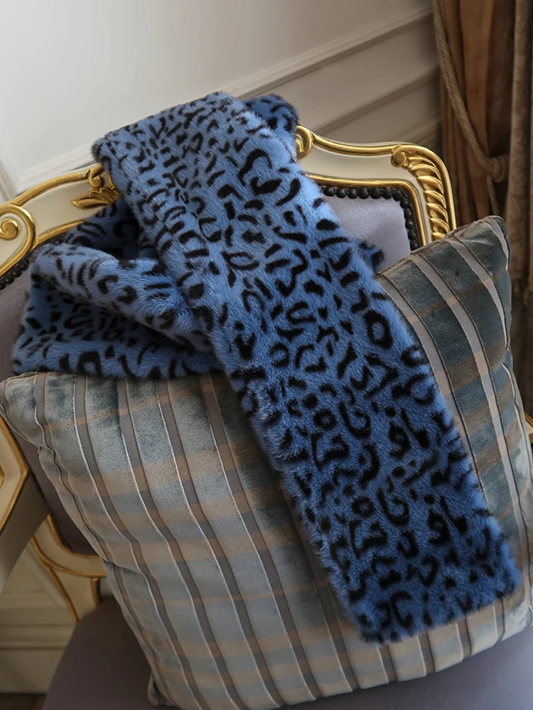 Nerazzurri Winter leopard warm soft faux fur scarf women fake rabbit fur scarfs for ladies Long and large fur stole for women