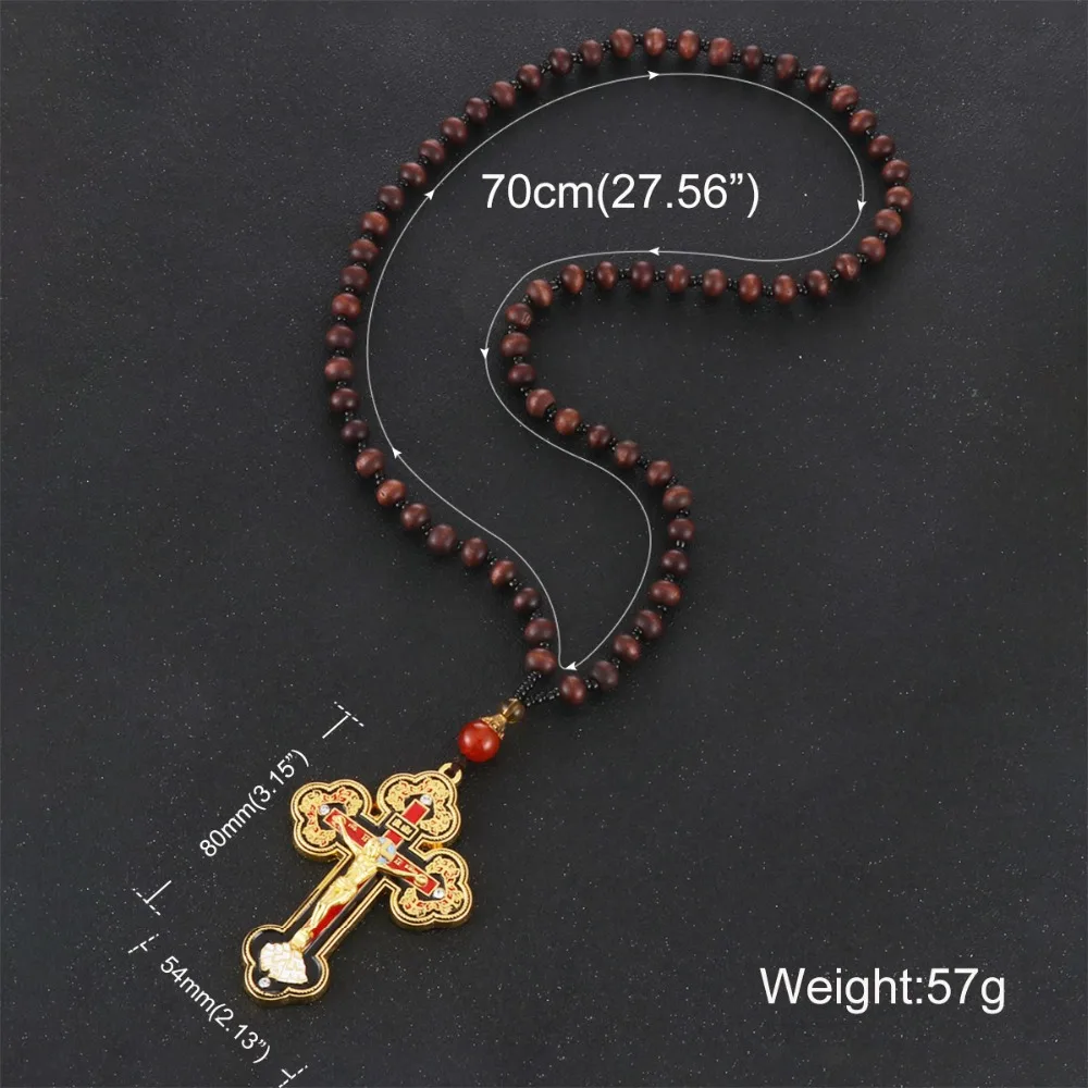 Orthodoxe große Kruzifix Jesus Kreuz Anhänger Halsketten für Männer Frauen Rosenkranz Halskette Holz Perlen Ketten religiöse Gebet Schmuck – Detail 3