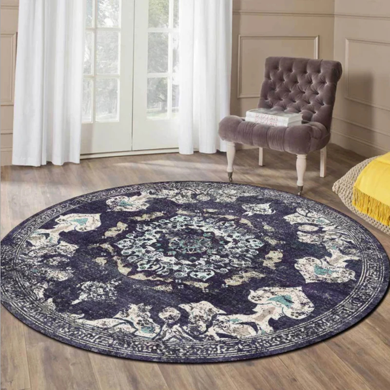 

Retro Persian Ethnic Style Round Area Rugs Geometric Flowers Printed Carpet Bedroom Bedside Computer Chair Non-Slip Floor Mat