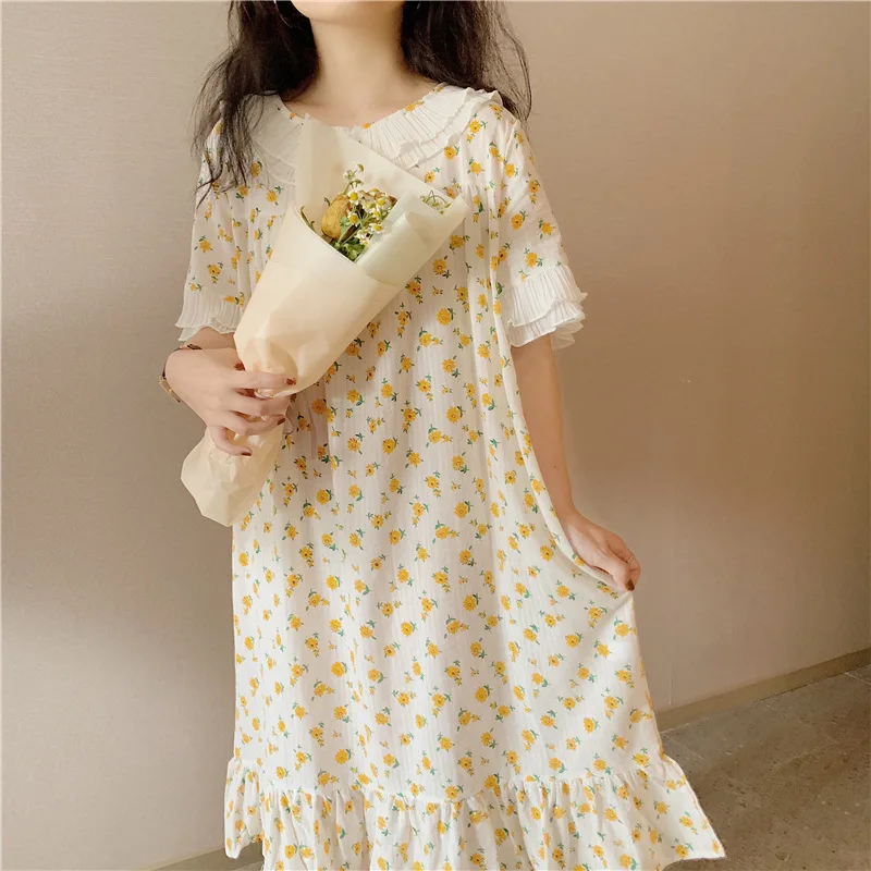 Female Cotton Linen Nightgowns Women Floral Print Nightdress Short Sleeve Peter Pan Collar Loose Long Dress Homewear Cute Style