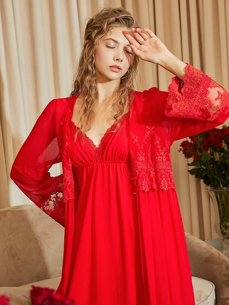 Vintage Red Color Women\'s 2 Pieces Robe Sets Long Sleeve Royal Embroidery Lace Sexy Nightwear Bride Wedding Sleep Robes