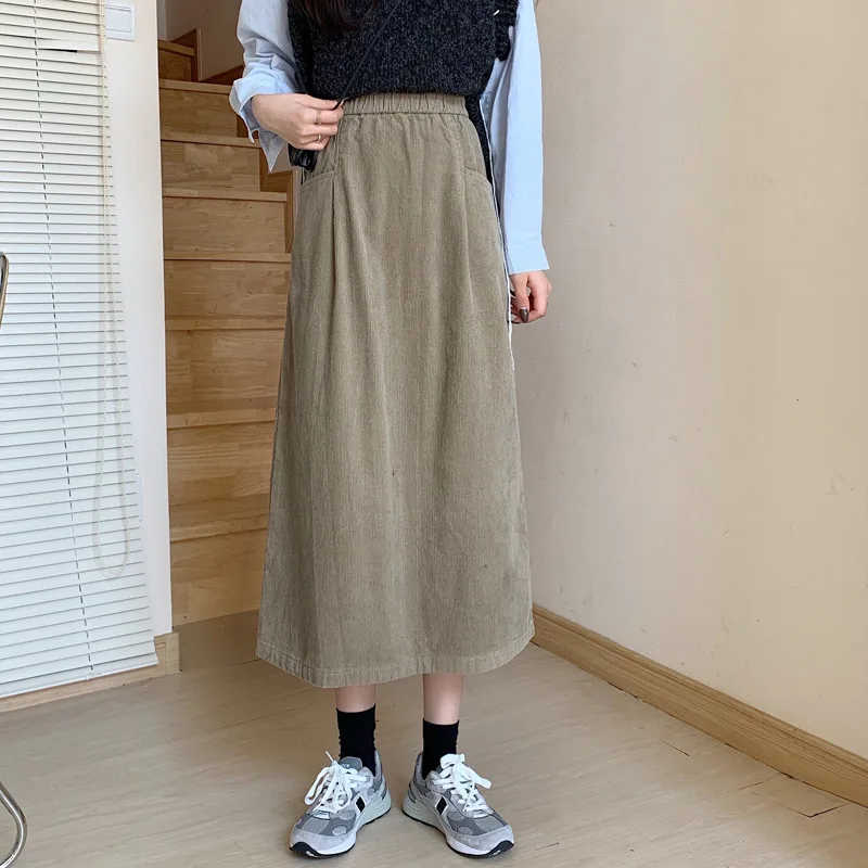 

2024 Autumn & Winter New Elastic High Waist Slim Retro Corduroy Skirt Korean Simple Solid Women A-line Long Skirt Free Shipping