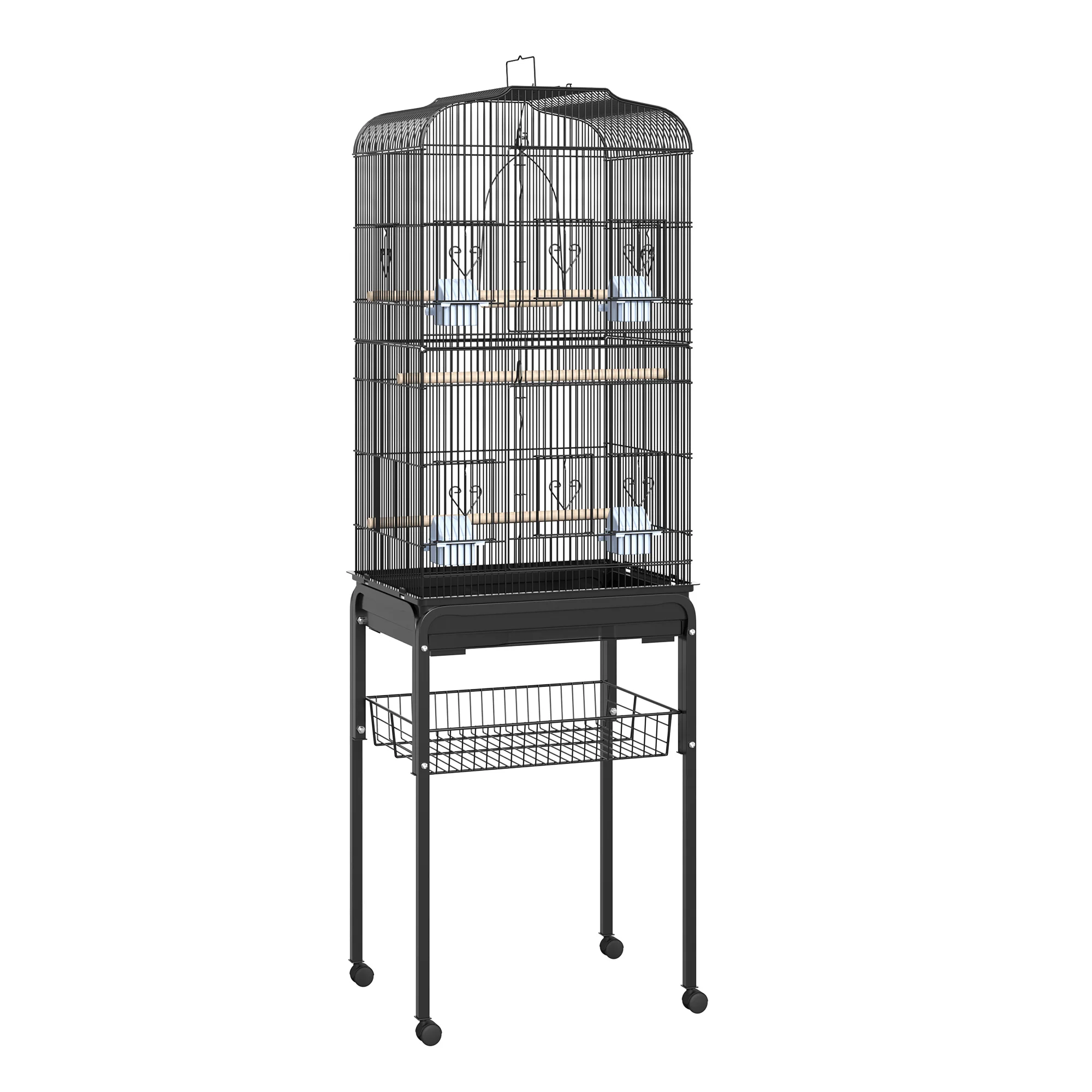 PawHut Birdcage with wheels 47,5x37x153 cm metal bird cage with doors 4 feeders 3 hangers removable tray and storage rack for black parakeet Canary