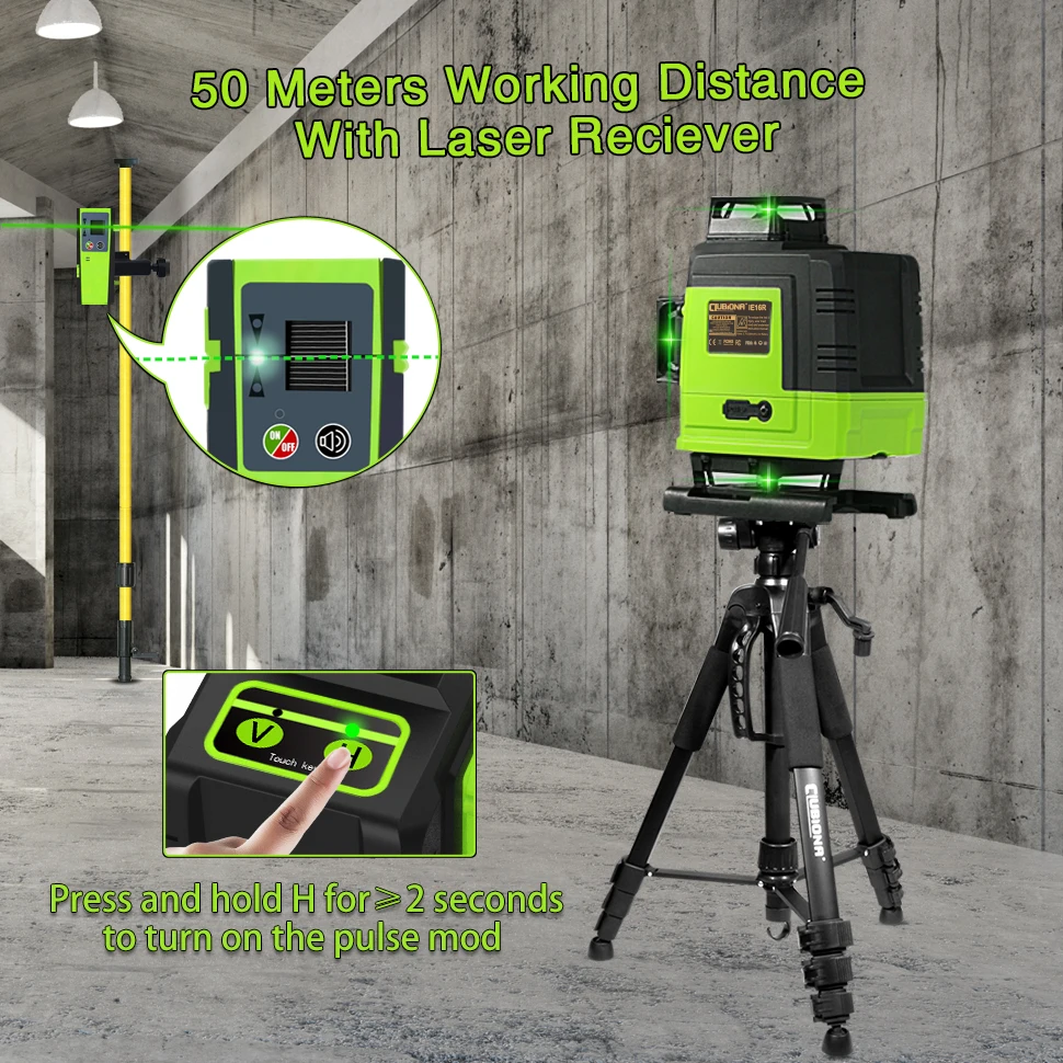 CLUBIONA IE16R 16 Lines 4D Green Beam Laser Level Remote Control German Module With 1.5m Telescopic Tripod & Li-ion Battery