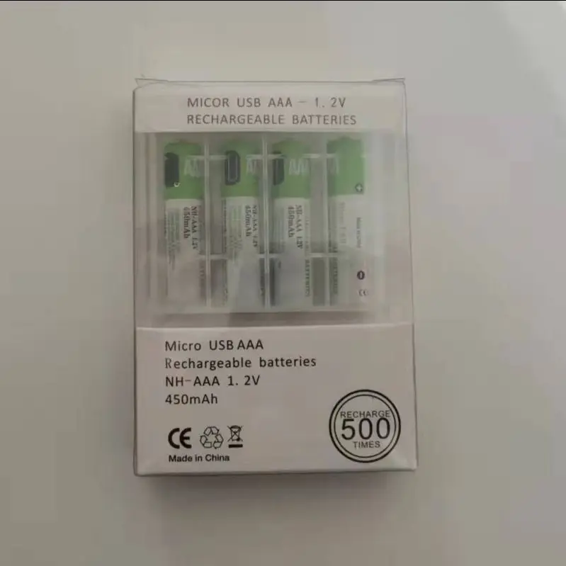 Baterías recargables Micro USB AAA-1.2V, NH-AAA, 1,2 V, 450mAH, 4 unids/lote + Cable USB