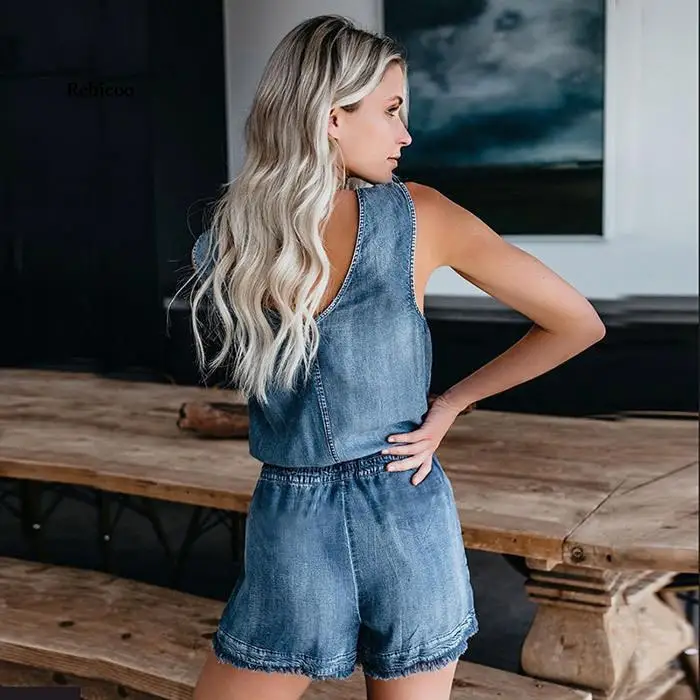 Jumpsuit Pendek Denim Musim Panas Wanita Kerah Sabuk Saku Pinggang Elastis Retro Warna Solid Kaus Lengan Panjang Baju Monyet Pakaian Bermain