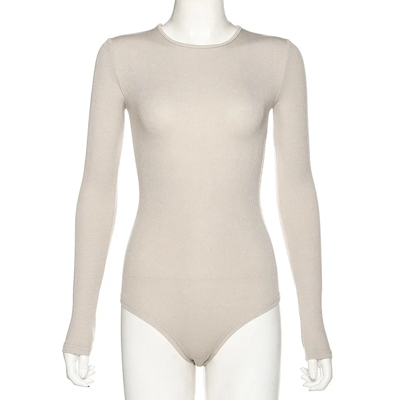 2024 Slim Ladies Sexy Bodysuit Solid Fashion Skinny Bodycon Women Bodysuit Long Sleeveles O-Neck Casual Black Beige  Bodysuit image 6