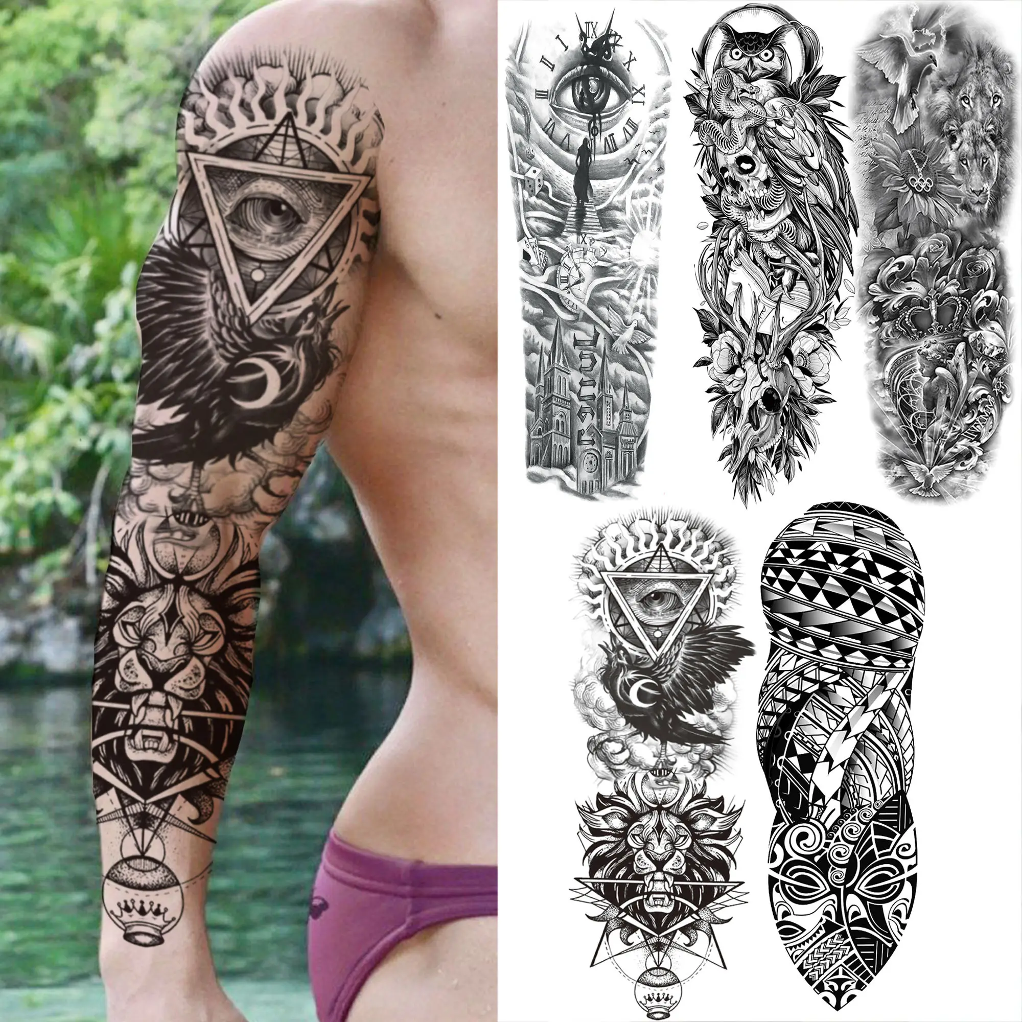 Evil Eye Lion Temporary Tattoos Sleeve For Men Women Fake Owl Angel Guide Real Totem Tattoo Sticker Washable Full Arm Tatoos Big