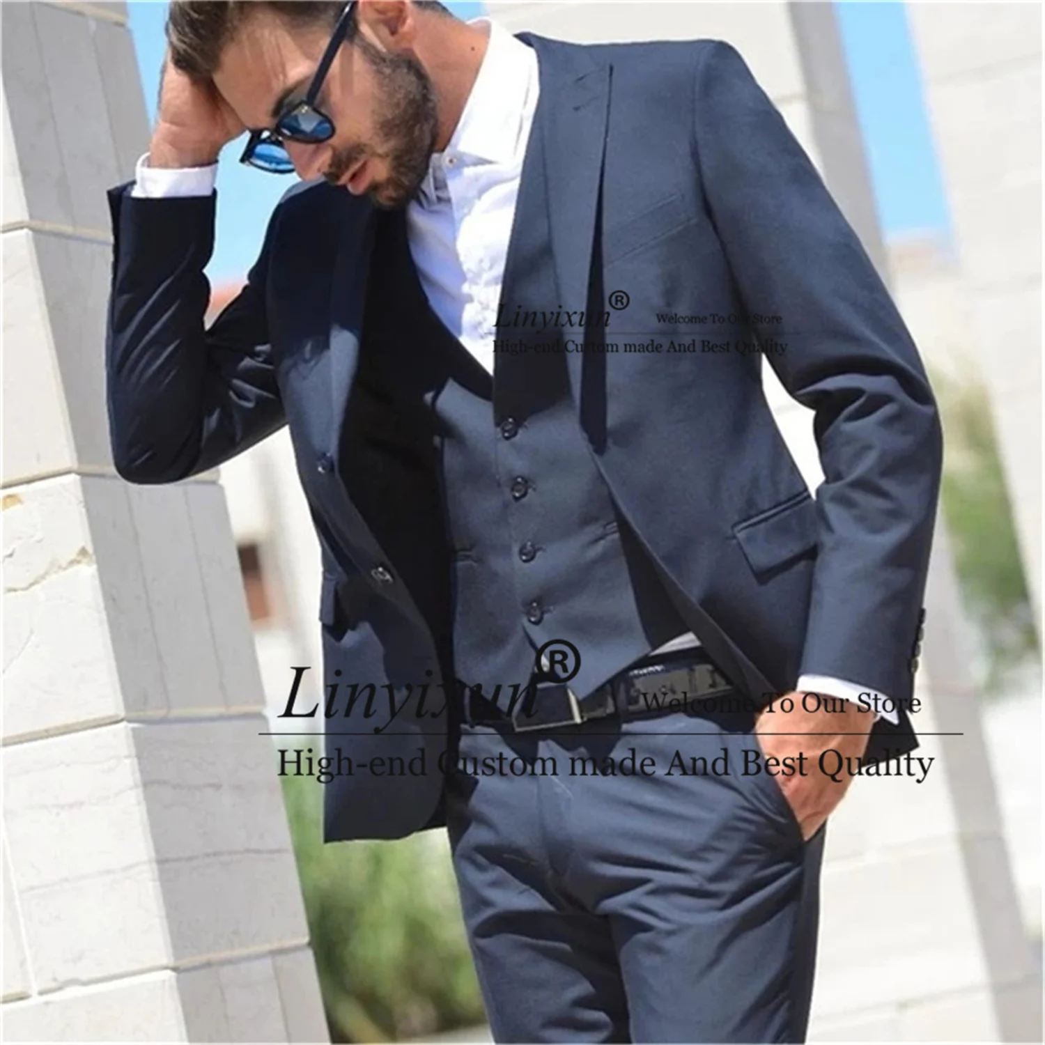 

Navy Blue Men's Suits Slim Fit Peak Lapel Groomsmen Wedding Groom Tuxedos 3 Pieces Set Business Male Blazers Terno Masculino