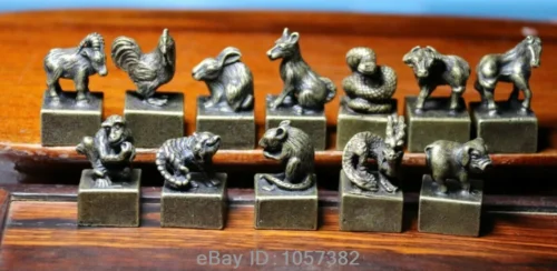 Bronze Chinese Zodiac Animal Rat Mice Ox Tiger Goat Seal Stamp Signet Set M012