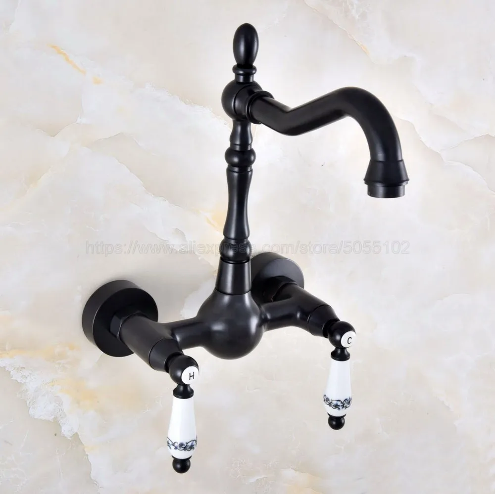 

Oil Rubbed Bronze Dual Handles Bathroom Kitchen Sink Faucets Wall Mounted Swivel Spout Two Holes Kitchen Mixer Taps znf861