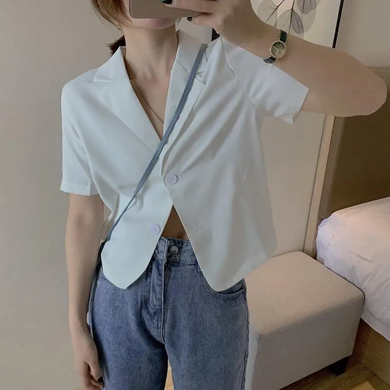 Blazers Dames Korte Mouw Zomer Crop Tops Button Up Gekerfde Kraag OL Dagelijks Elegant Slank Streetwear Gezellige Ulzzang Witte Pakken