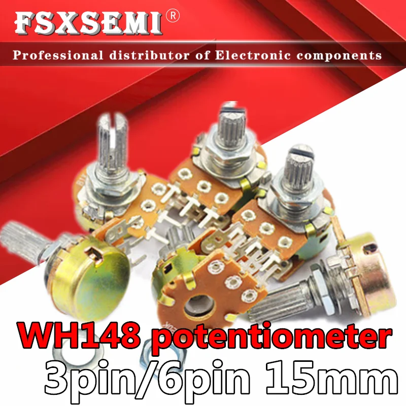 2pcs WH148 3pin 6pin 15mm B1K B2K B5K B10K B20K B50K B100K B250K B500K B1M Potentiometer 1K 2K 5K 10K 20K 50K 100K 250K 500K 1M