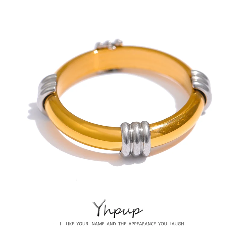 Yhpup Stainless Steel Round Ring for Women Statement Golden Texture Finger Ring Waterproof Jewelry Valentine's Day Gift