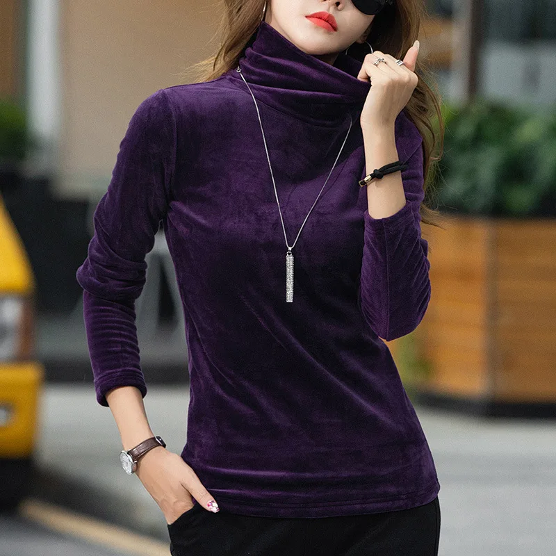 Plus Size S-4XL Turtleneck Velvet Fleece T-shirt Women Autumn Winter Stretchy Long Sleeve   Thick Warm Winter Velvet Tops Female