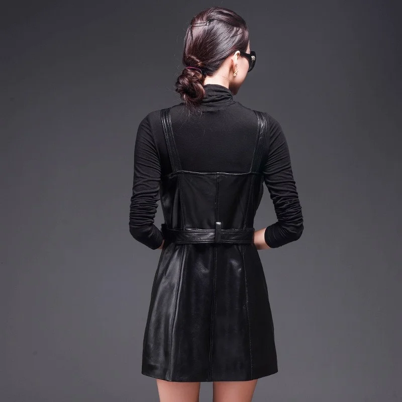 Office Vintage Lady Black Genuine Leather Dress Female Belted High Waist A Line Dresses For Women Gothic Zip Vestido Plus Size