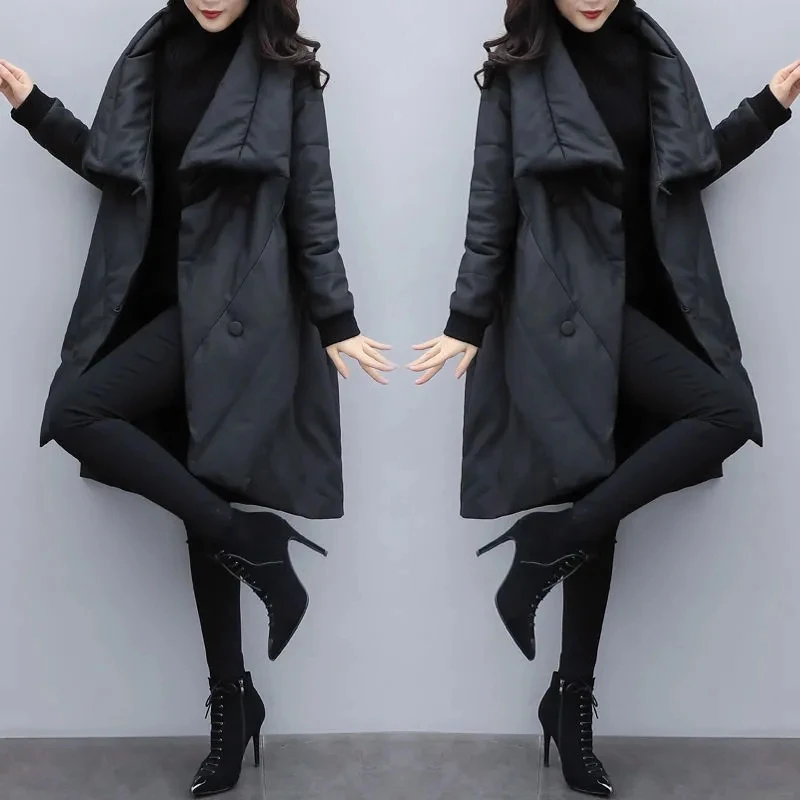 2024 Winter New Women Loose Fashion Mid-length Down Padded Cotton Jacket Female Black Slimming Cloak Jacket Buttons Thickeing