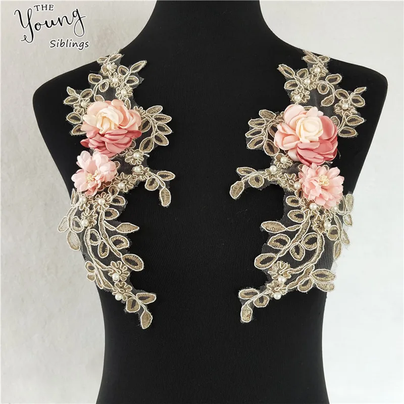 High quality lace fabric 3D rose flower Laces collar ABS pearl Embroidery Application sewing Dress Accessories A pair of sale