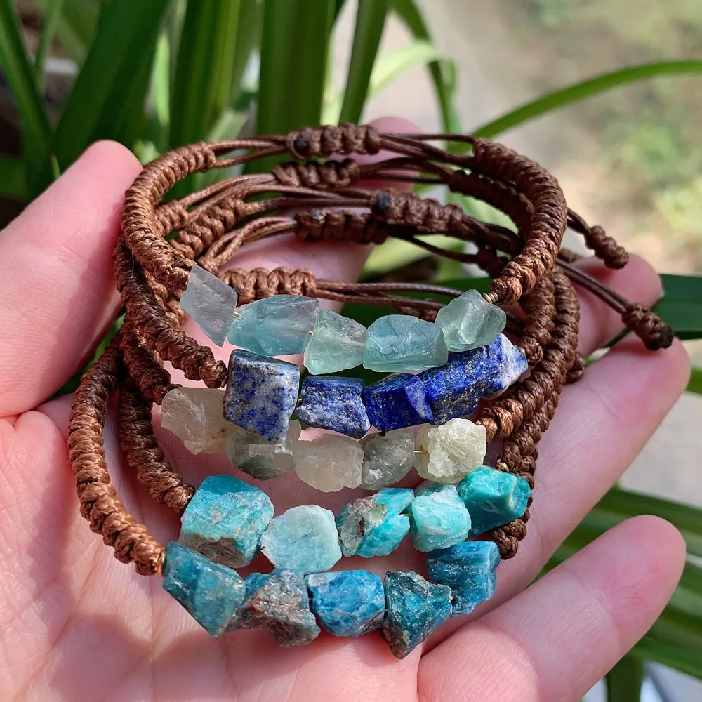 Natural Crystal Bracelet for Women Boho Rope Braided Wrap Ore Mineral Rock Fluorite Quartz Stone Purple Crystal Bracelet Healing