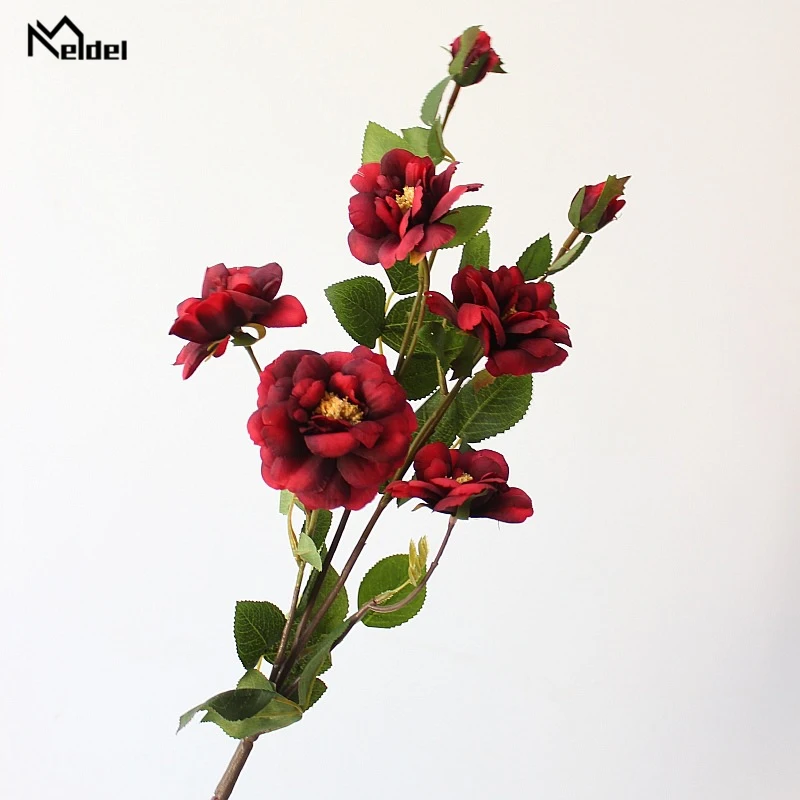 Meldel 7 galhos de flores de rosa chinesas, mini flores de seda falsas para decoração de casa e interior para casamento