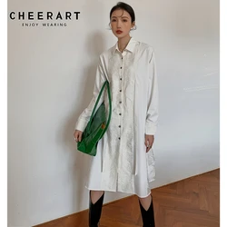 CHEERART Spring 2021 Fashion Women Long Shirt Dress Patchwork Lace White Long Sleeve Designer Button Up Collar Midi Dress