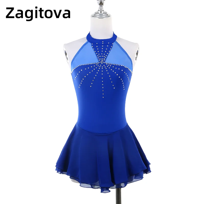 

ZAGITOVA Royal Blue Figure Skating Dress Women Girls Sleeveless Ice Figure Skirt Pole Dancing Clothes Rhinestones Mesh Skirt