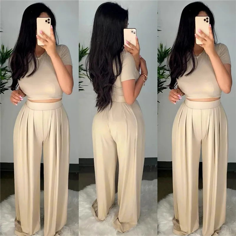 Wholesale Dropshpping High Quality New Women Two-piece Sets Solid Color Tight Casual Sets Tight Top + Wide Leg Pants Elasticity