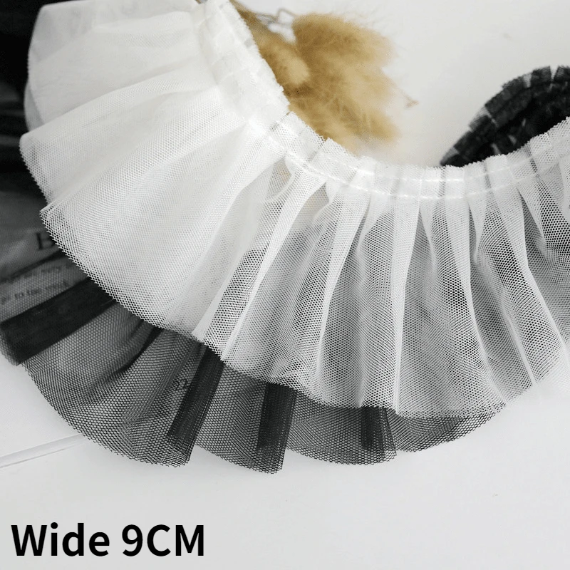 9CM Wide White Black Double Layers Mesh Pleated Lace Fabric Embroidered Ribbon Fringe Edge Trim Dress Guipure DIY Sewing Decor