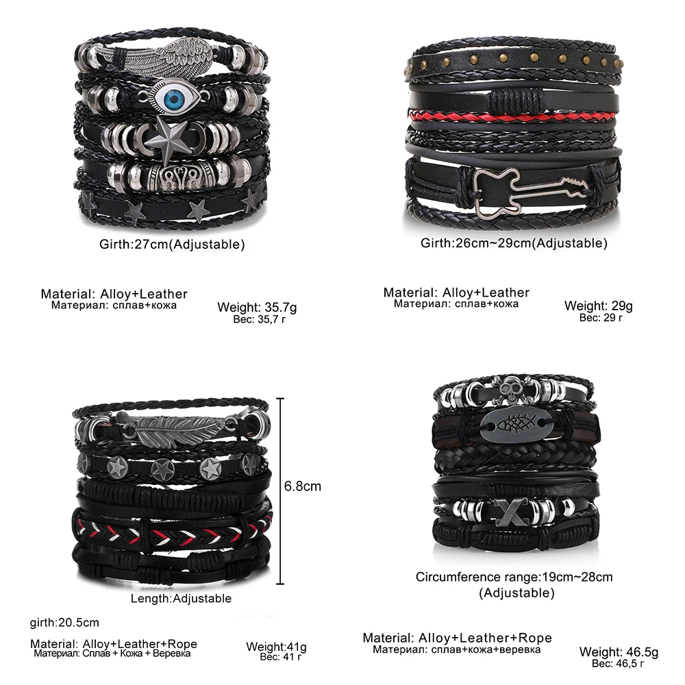 DAXI Punk Multilayer Leather Bracelet Set Eye Wings Star Charms Beads Bracelets For Man Party Gothic Jewelry Punk Wrap Wristband