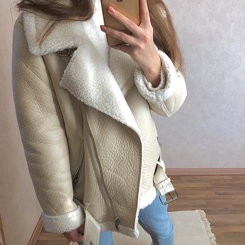 Veste d'hiver en cuir pour femme, manteau épais en fausse fourrure, peau de mouton