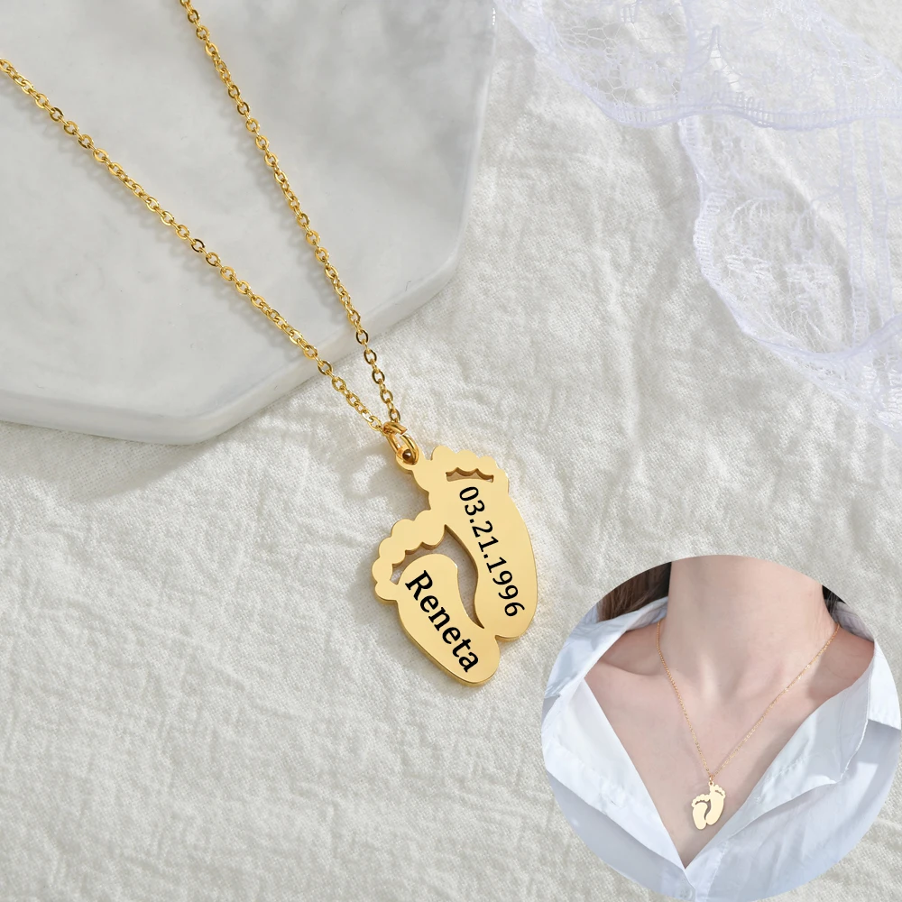 

Engraving Lovely Baby Foot Necklace For Women Gold Color Stainless Steel Footprint Necklaces Custom Name Necklaces Mother's Day