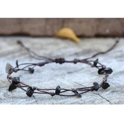 Simple Black Obsidian Chip Stone Adjustable Unisex Multilayer Leather Bracelet Anklet