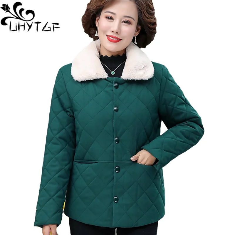 UHYTGF Elegant Mother Short Cotton Coat Fashion Single-Breasted Fleece Thick Warm Parka Jacket Loose Large Size Tops Outwear1417