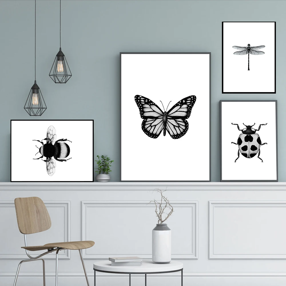 Animals Black White Canvas Poster Ladybird Butterfly Dragonfly Bumblebee Wall Art Print Painting Kid Room Nordic Decor Picture