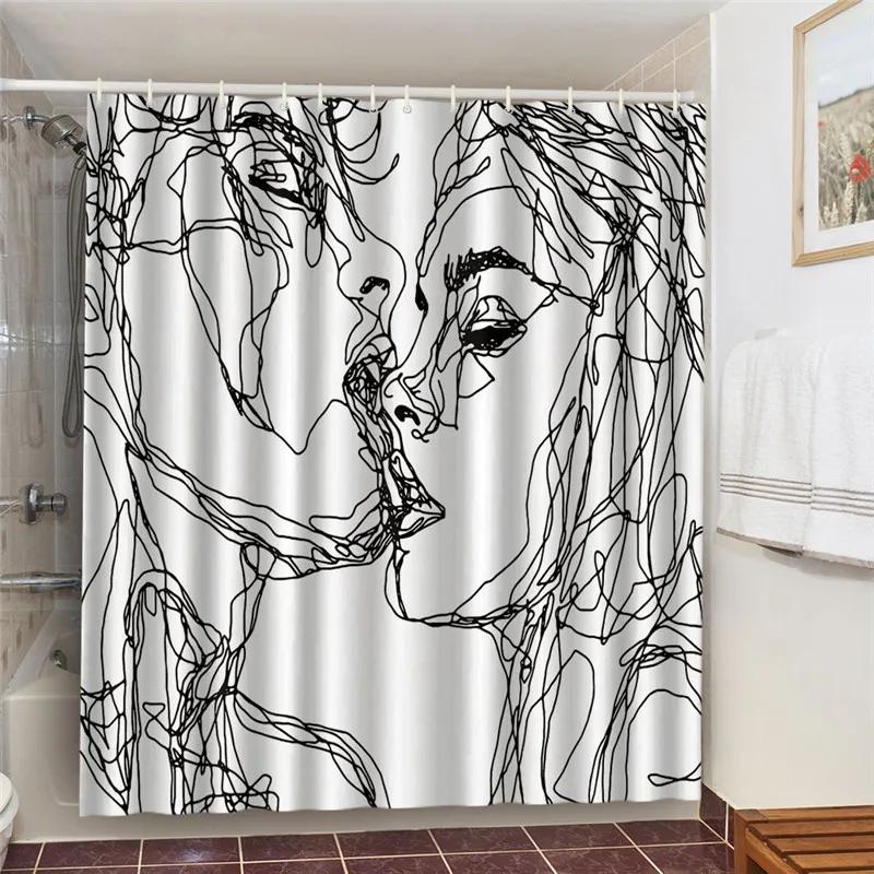 Sketch Kissing Lovers Waterproof Bathroom Set With Shower Curtains Black And White Home Decoration Wall Screen Bath 3D Curtains