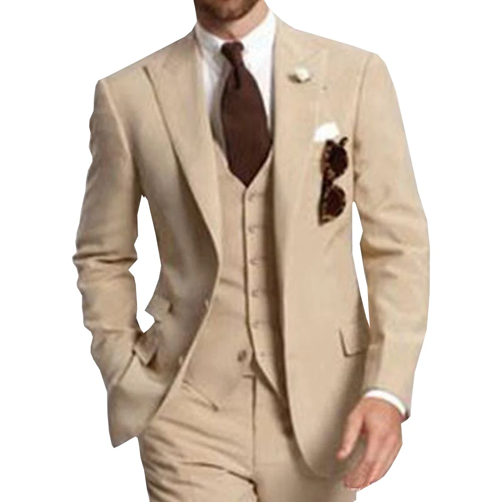 Men\'s Suit Formal Business Suits 3-Pieces Notch Lapel Solid Tuxedos Best Man For Wedding Groomsmen (Blazer+vest+Pants) Beige New