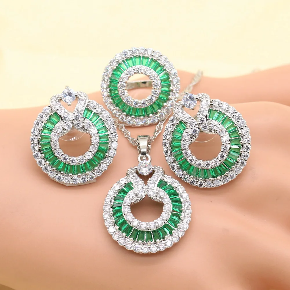 925 Sterling Silver Necklace And Earrings Jewelry Sets For Women Fashion Accessories Green Zircon Charm Bracelet And Ring Sets