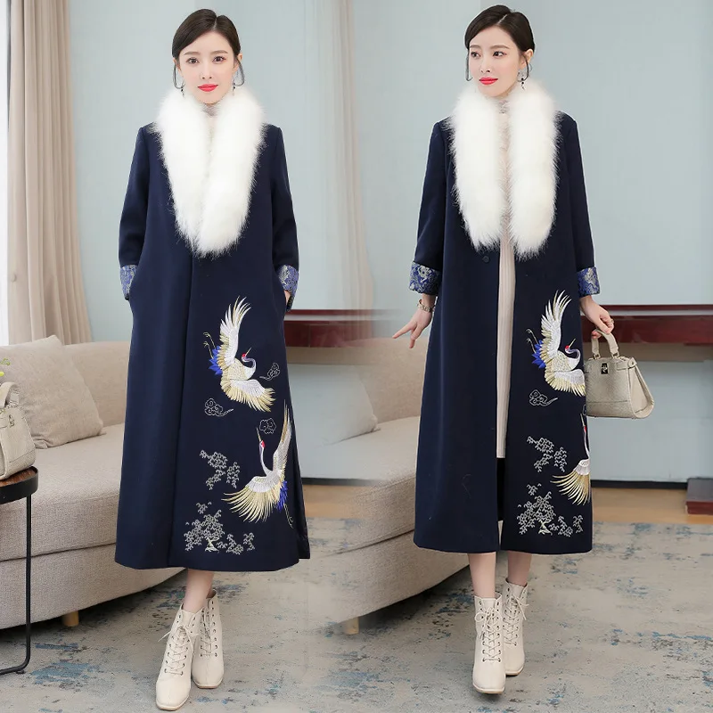 

Fall Winter Wool Jacket Women Long Embroidery Hanfu Outwear Vintage Improved Cheongsam Big Fur Collar Woolen Coat Plus Size 4XL