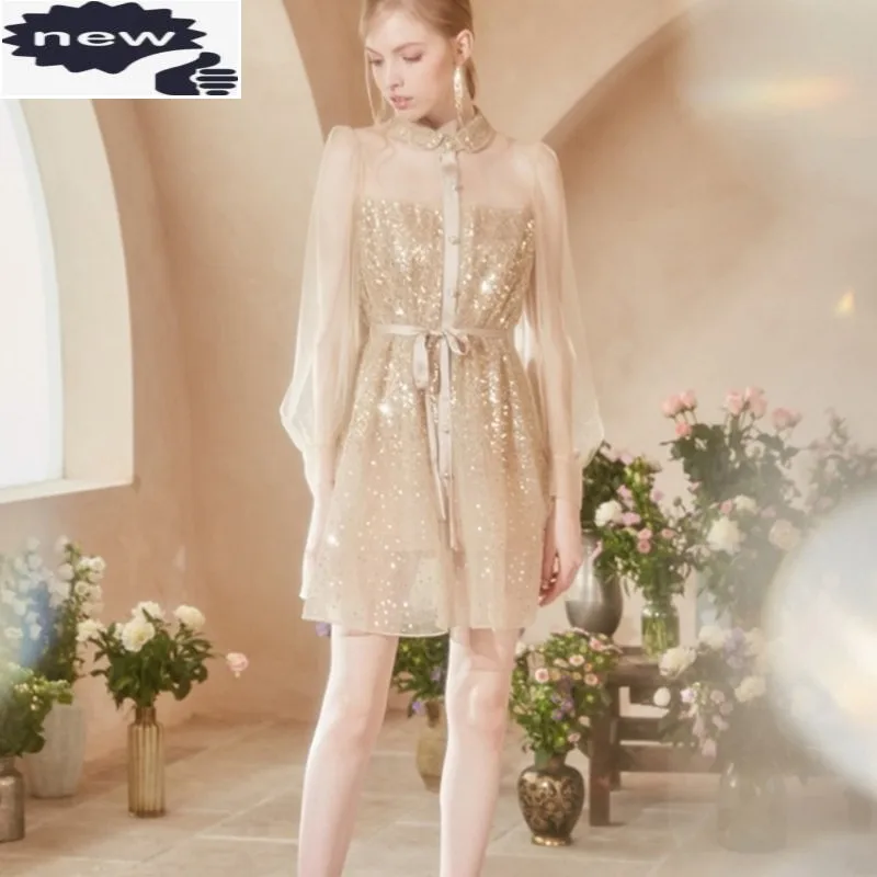 

Designer Women Summer Golden Sequined Elegant Ladies Party Crystal Buttons Lace Up Long Sleeve Transparent Dress