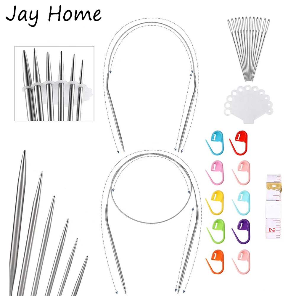 26PCS Circular Knitting Needle Sets Straight Double Pointed Stainless Steel Sweater Needle & Knitting Stitch Marker for Knitting