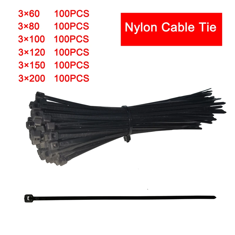 

Self-Locking 100 PCS Black 3X200 Fastening Ring 3X60 Cable Tie Wraps Strap Nylon Zip Tie Set