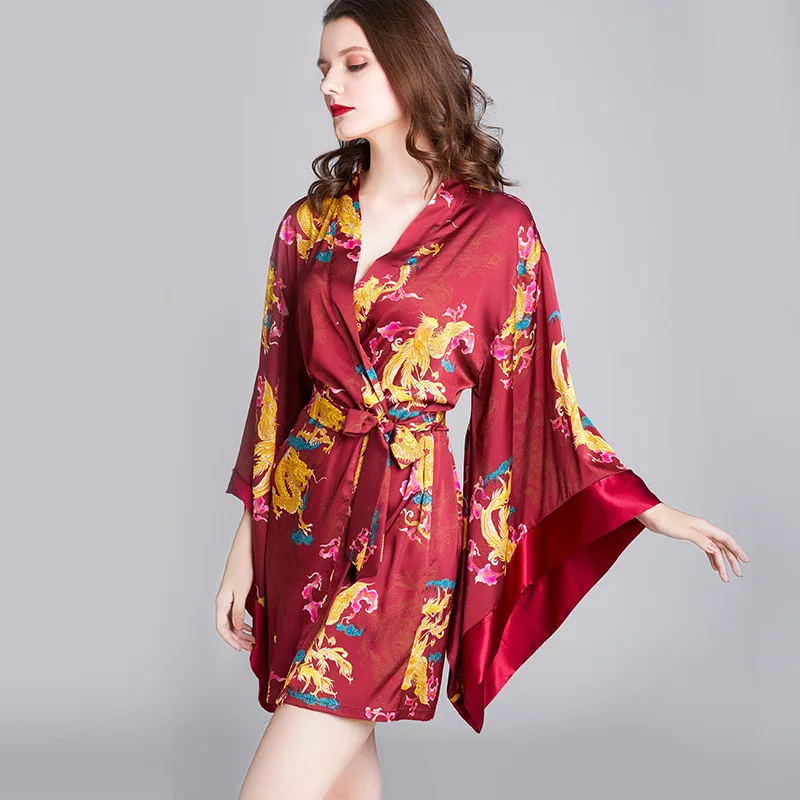 Peignoir Kimono en satin soyeux pour femmes, robe de mariée imprimée, chemise de nuit décontractée, vêtements de nuit doux, chemise de nuit sexy, vêtements pour la maison