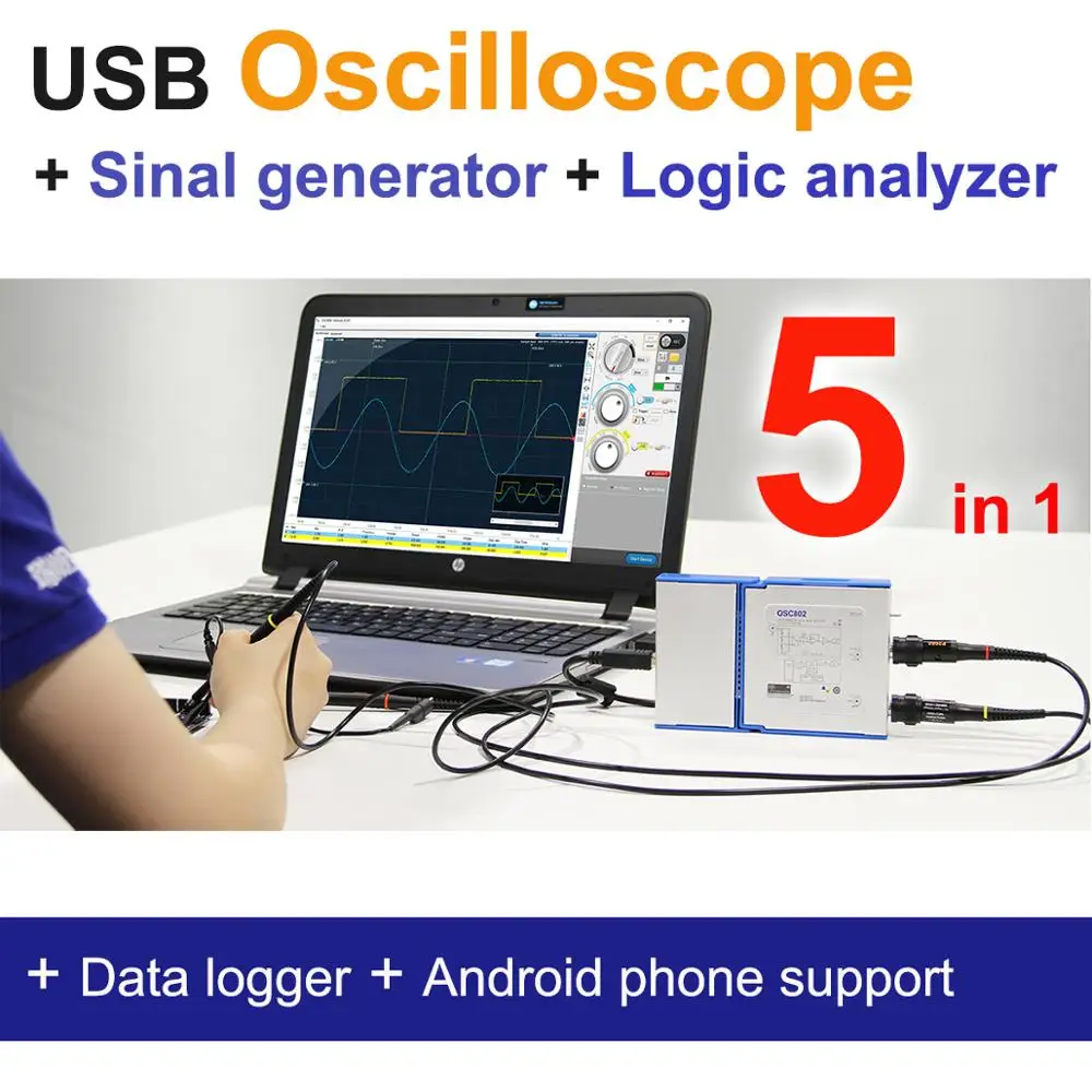 

Professional Oscilloscope OSC482, 50MS/s, 20MHz, 2-channel/Oscilloscope/Signal Generator/Logic Analyzer/8~13 bit Resolution